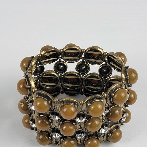 Brass-Tone Clear Rhinestones Brown Bead Statement Stretch Bracelet 6.5" - Picture 3 of 6
